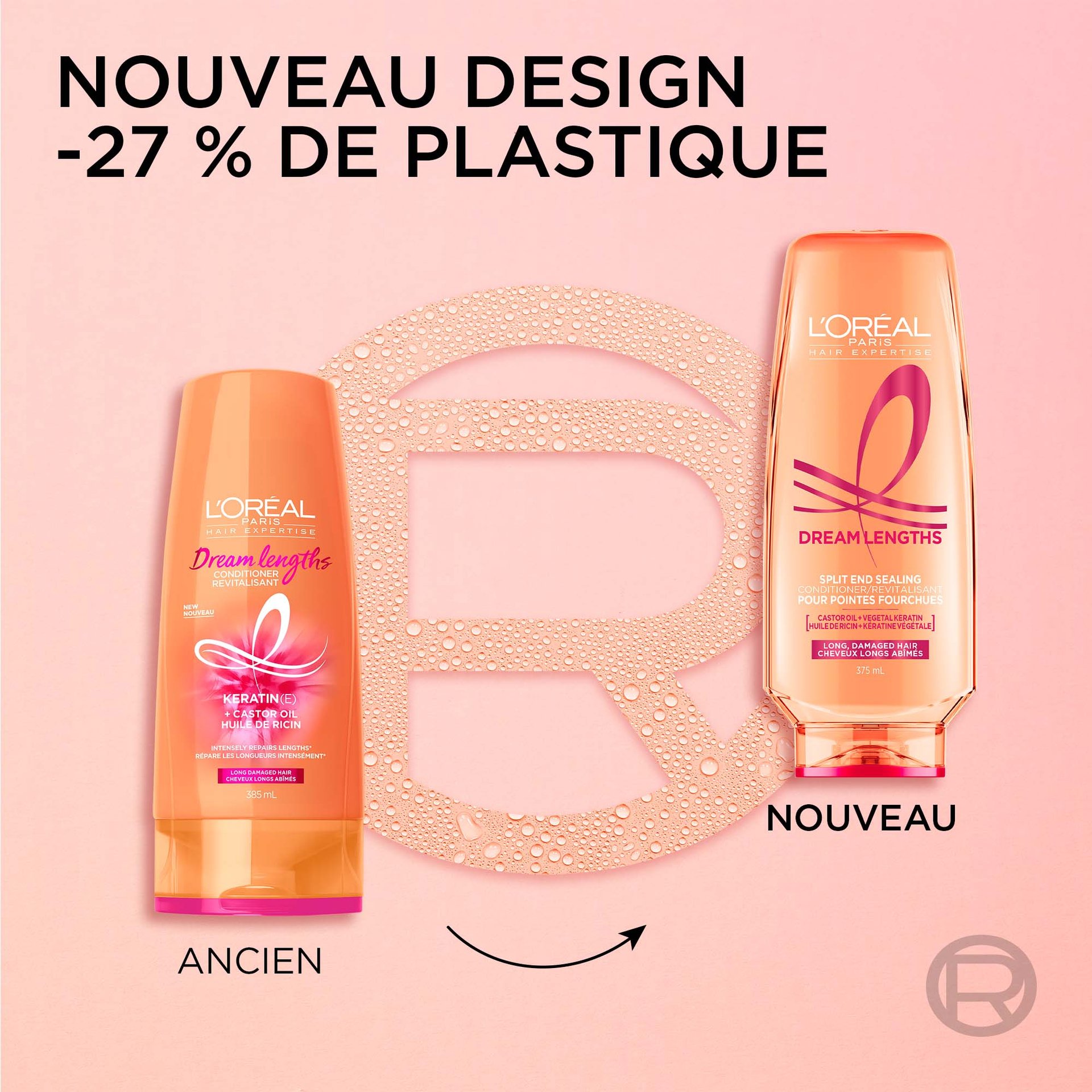 Ancien et nouveau packaging du revitalisant dream lenght